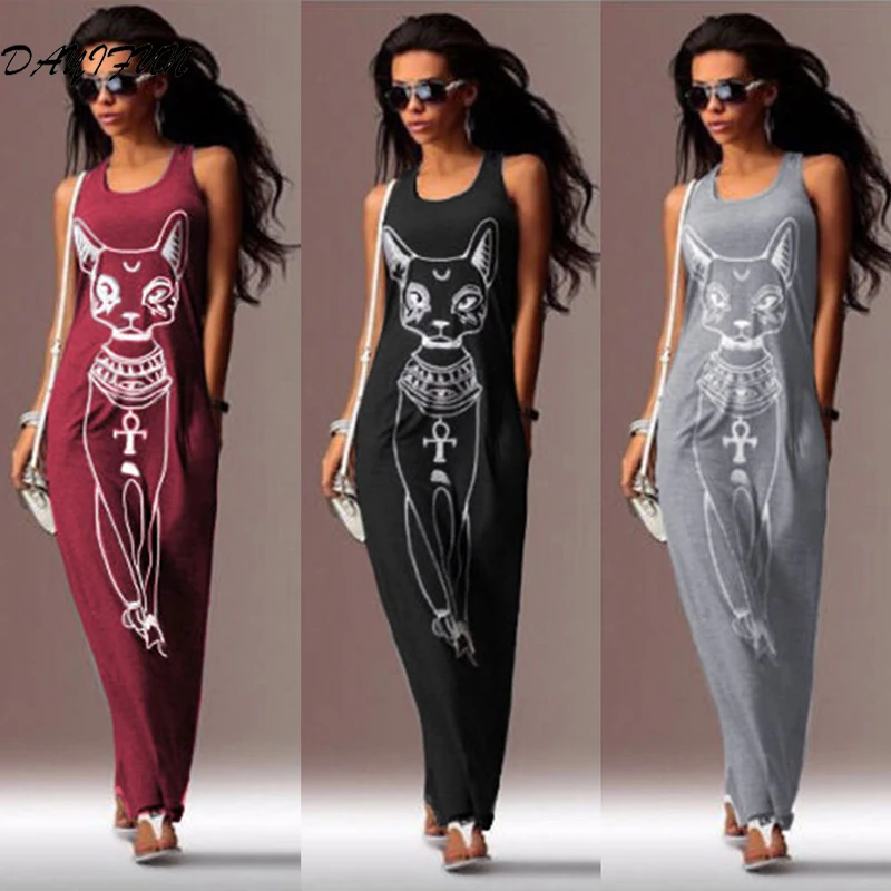 

DAYIFUN Women Dress 2019 Sexy Casual Cat Print Boho Long Maxi Beach Dress Evening Party Bodycon Dress Vest Sundress Vestidos1166