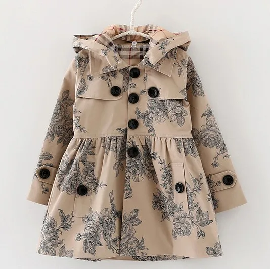 2 3 4 6 8 10 12Y Spring Children Trench Girls Outerwear fashion Print Girl Jackets
