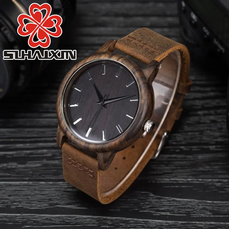 

SIHAIXIN Black Wood Watch Men Wrist Watch Nature Wooden Luxury Leather Quartz As Male Clock Bamboo Hand-made Reloj De Madera