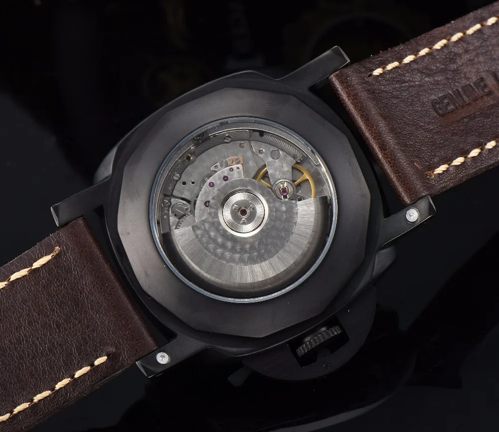 Мужские часы Parnis 47 мм автоматические часы светящиеся стрелки черный Чехол кожаный ремешок из нержавеющей стали чехол P719-3