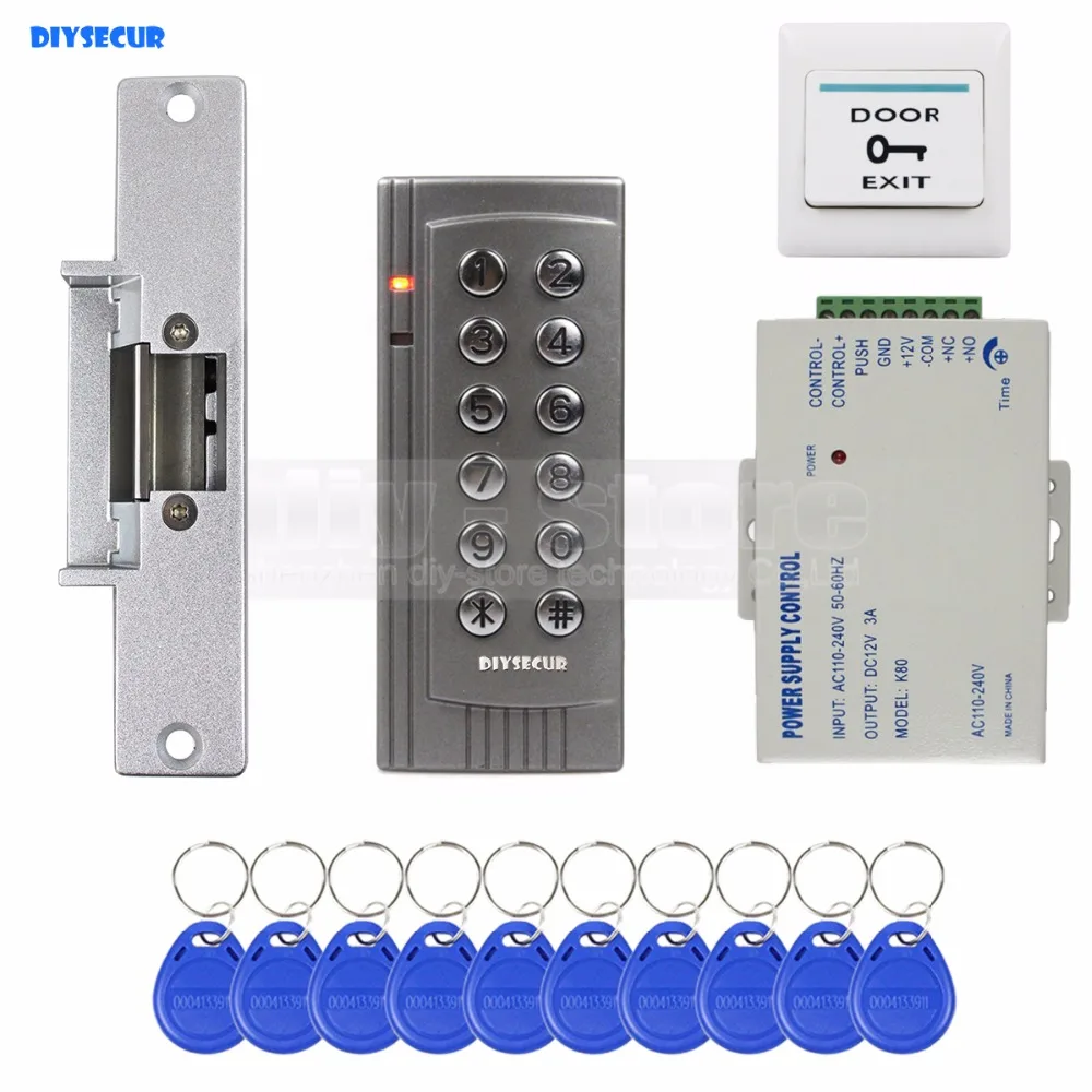 DIYSECUR K4 125 кГц RFID EM считыватель система контроля допуска к двери комплект+ дверной замок электронный+ кнопка выхода