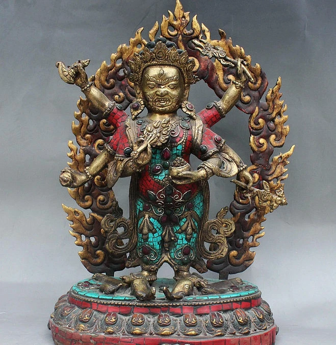 

15" Old Tibet Buddhism Temple Turquoise 6 Arms Mahakala Wrathful Deity Statue
