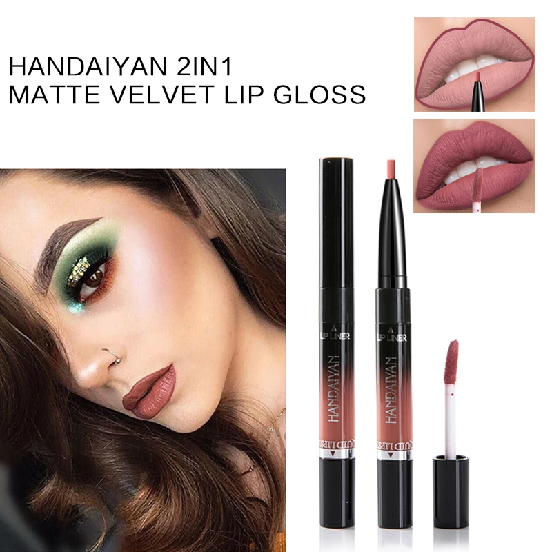 

HANDAIYAN 2In1 Matte Velvet Lip Gloss Dual Use Lipstick Waterproof Lasting Nude Sexy Red Pigments Double-end Lipstick TSLM2