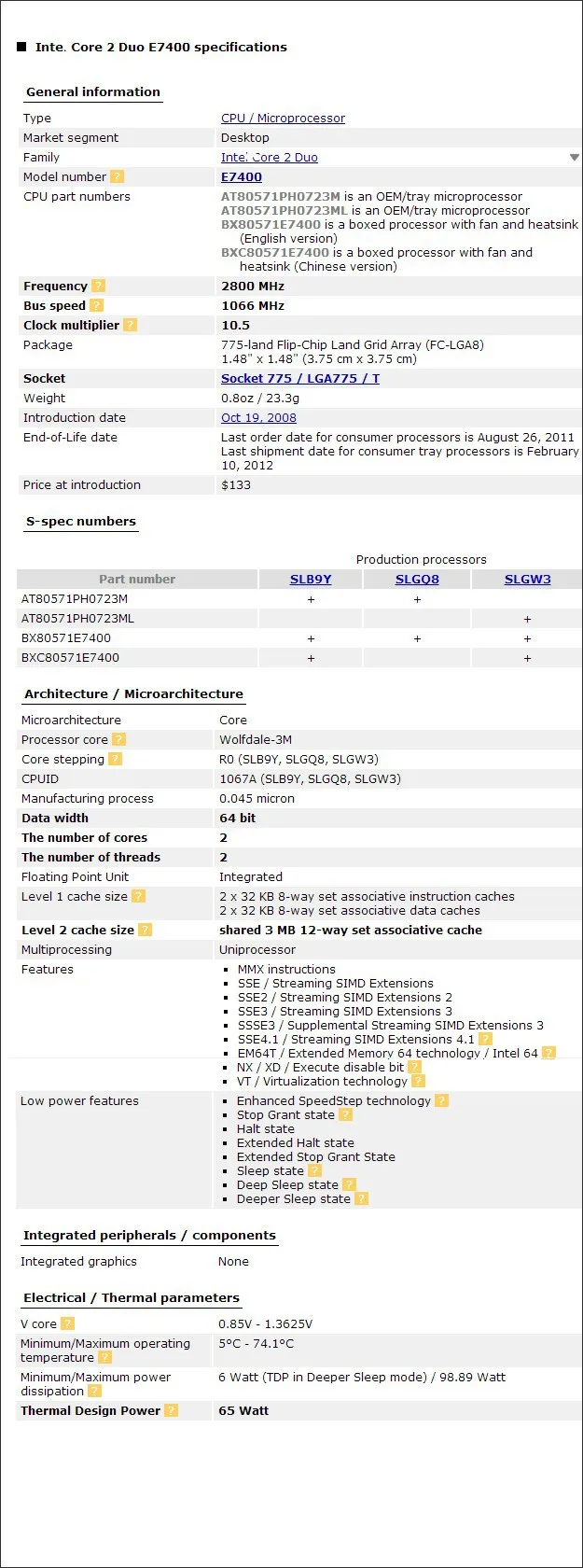 Процессор Intel Core 2 Duo E7400 cpu(2,8 ГГц/3 м/1066 ГГц) Socket 775