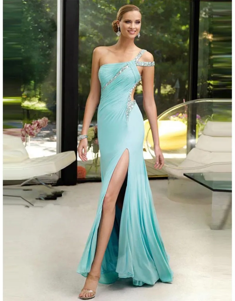 

Sexy One Shoulder Long Evening Dresses 2016 New Crystal Backless High Split Chiffon Formal Evening Gowns Cheap Vestido De Festa