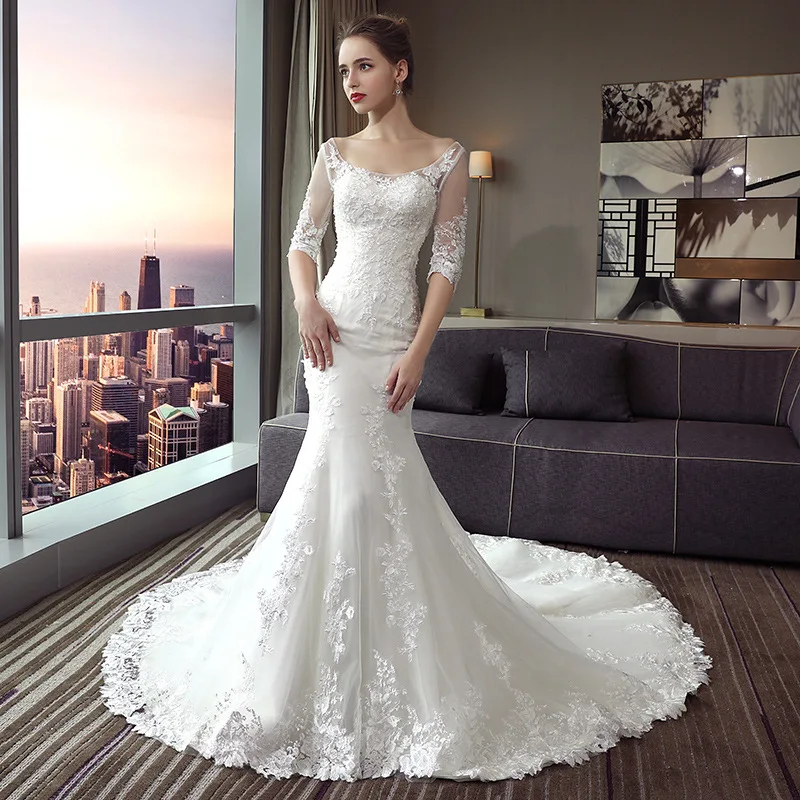 

Wedding Dress Mermaid Robe De Pearl Lace Appliques Female Vestido De Novia Half Sleeve Elegant Bride Dresses Marriage Gowns