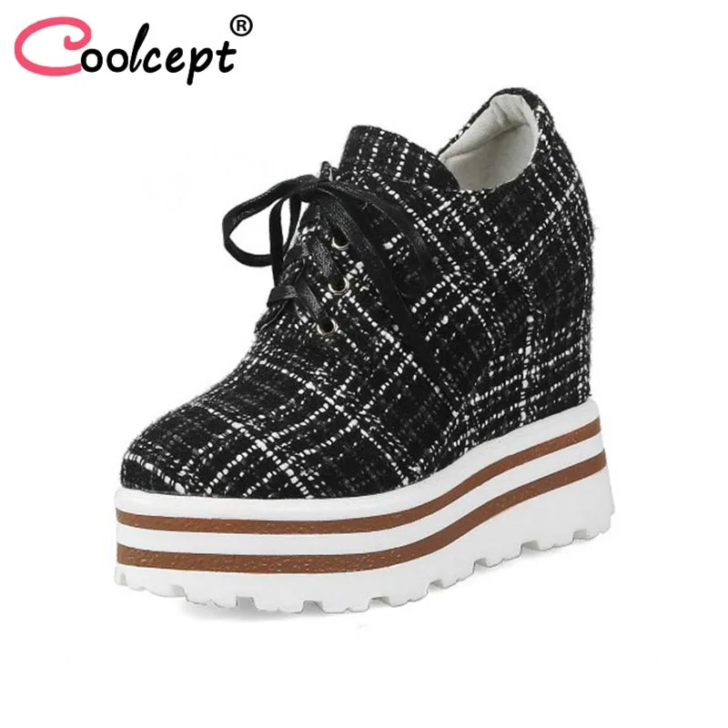 

Coolcept Ladies Thick Platform High Heel Shoes Women Striped Cross Tied Pumps Women Wedges Fashion Spring Footwear Size 34-39
