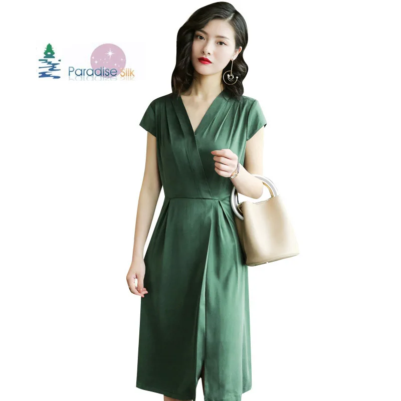 

Women Silk Dress Natural Silk Spandex Medium Dress V Neck Cap Sleeves For Summer Size L XL XXL XXXL