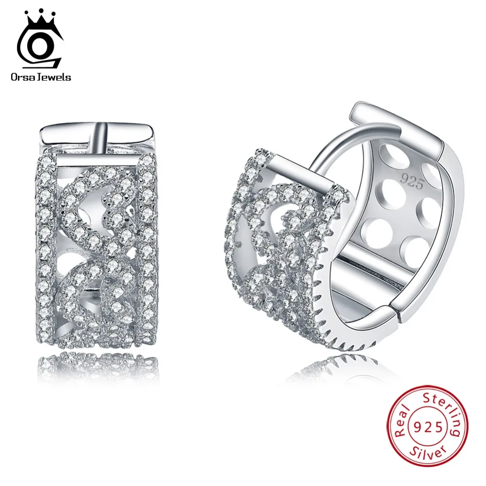 

ORSA JEWELS Real 925 Sterling Silver Women Hoop Earrings With Shiny AAA Zircon Hallow Round Vintage Earring Fine Jewelry OSE21