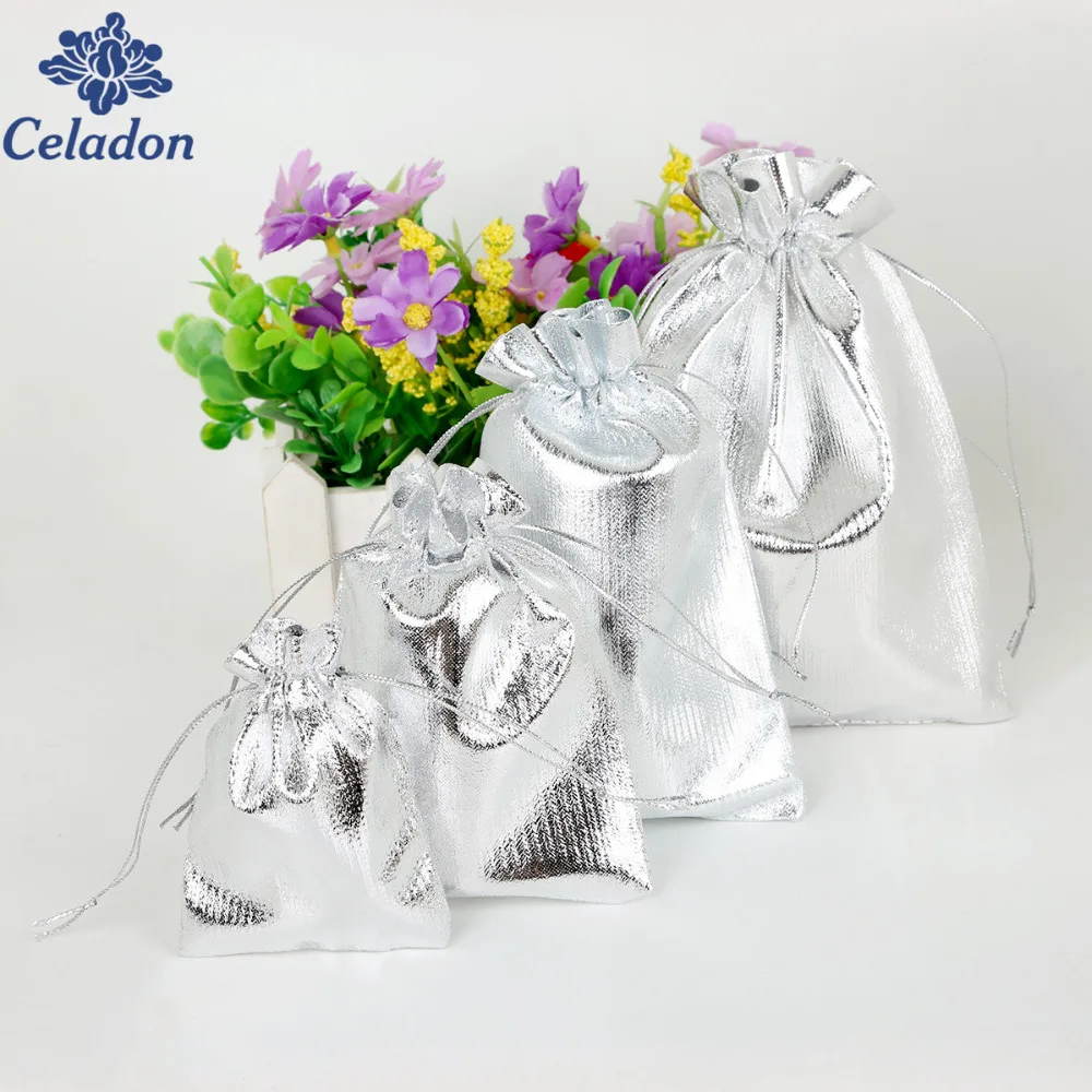 Разные размеры 10 шт. серебристого/золотистого цвета металлические фольги сумки из органзы Рождественская Свадебная вечеринка Любимые Подарки конфеты сумки