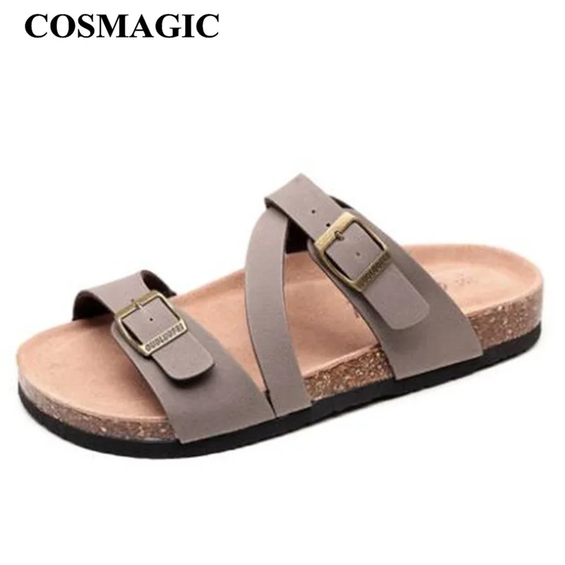 

COSMAGIC 2019 Fashion Men Beach Cork Slippers Summer Solid Color Non-slip Outside EVA Sole Leather Slide Shoe High Quality