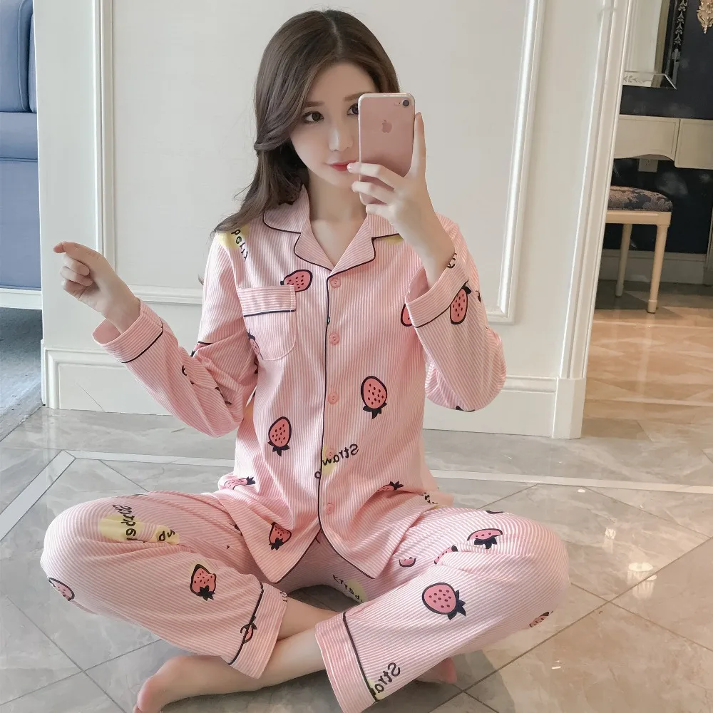 Женская Хлопковая пижама с длинным рукавом рисунком ананаса|cotton pajama set|pajama setslong