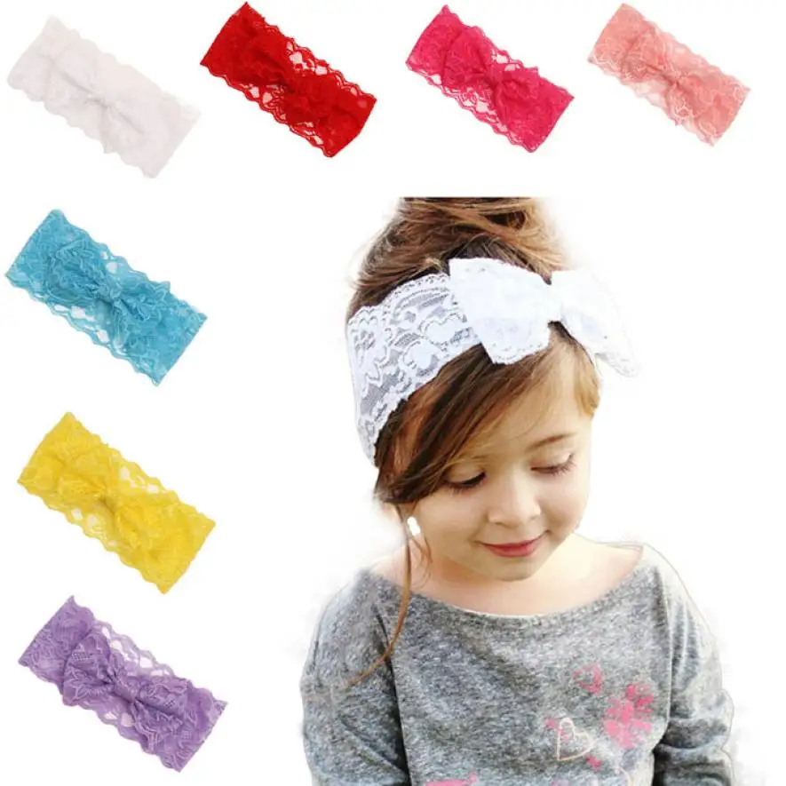

2017 New Fashion Girls Lace Big Bow Hair Band Baby Head Wrap Band Accessories Baby Lacos Elastic