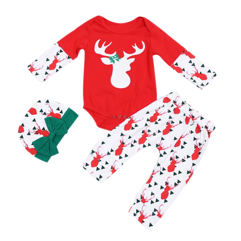 

Newborn Christmas Costum Set Unisex Baby Kids Clothes Long Sleeve Printed Romper+ Pants+Hat Baby Outfits Set Christmas Clothes