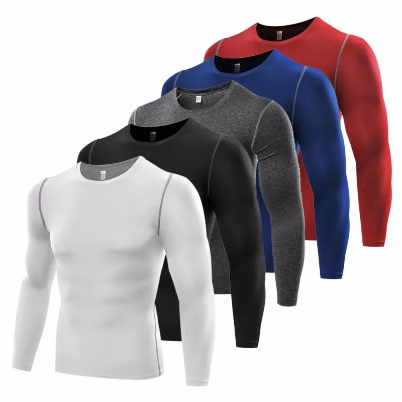 Мужские Компрессионные спортивные облегающие рубашки с длинным рукавом для бега, фитнеса, спортзала, базовый слой, удобный топ