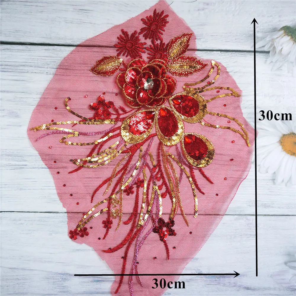 Красное Золото Блестки 3D Цветы кисточкой Кружева Планки горный хрусталь сетки вышивать на пачках вышивка для Свадебная аппликация украшения DIY