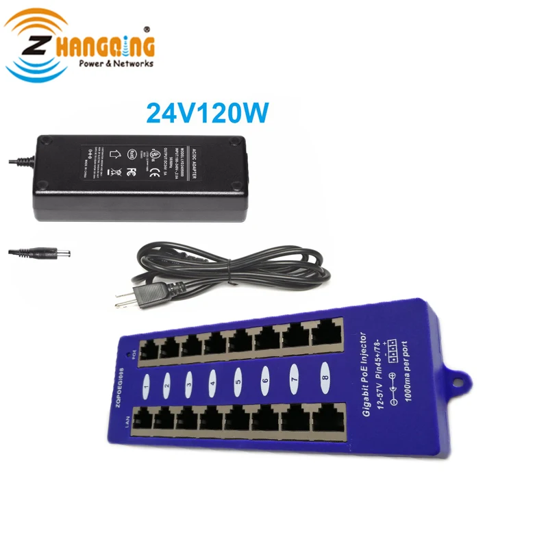 

24V PoE Injector Gigabit Patch Panel With 24 Voltage 120 Watts Power Supply For WiFi Access Point MikroTik Routerboard