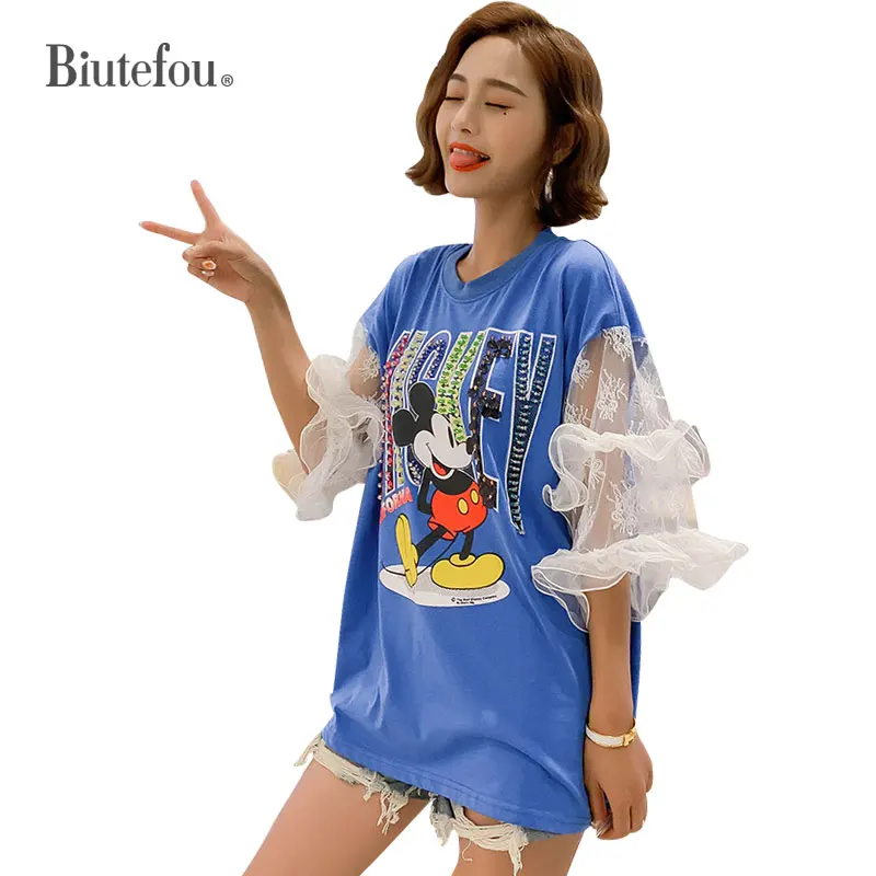 

2019 Summer gauze t-shirts fashion beading ruffles flare sleeve women t-shirts