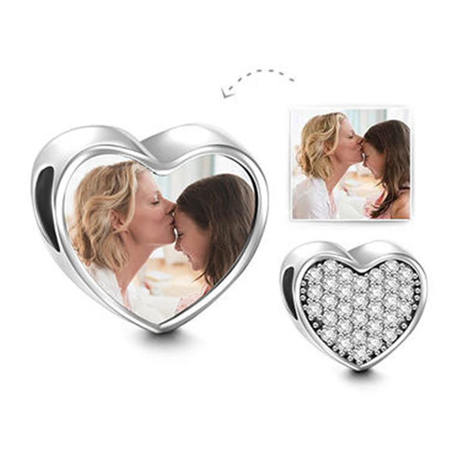 ELESHE Fashion 925 Sterling Silver Heart Charm for Bracelet Necklace Custom Photo Charm Engraved Beads for Lover Valentines Gift