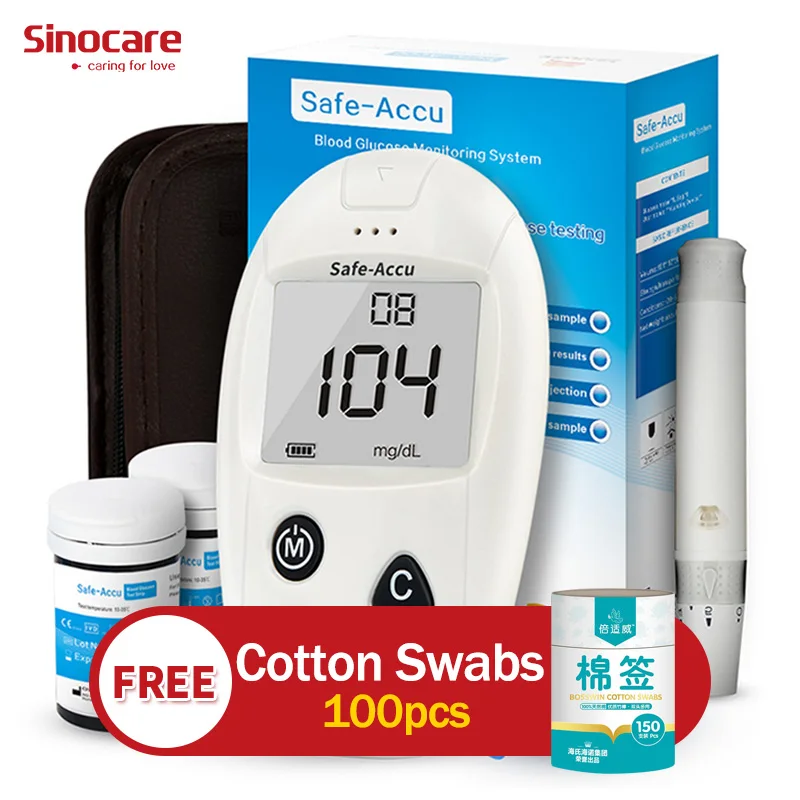 

(Free Cotton Swabs)Sinocare mg/dL mmol/L Blood Glucose Meter Glucometer with 100 Test Strips 100 Lancets Medical Diabetes Tester