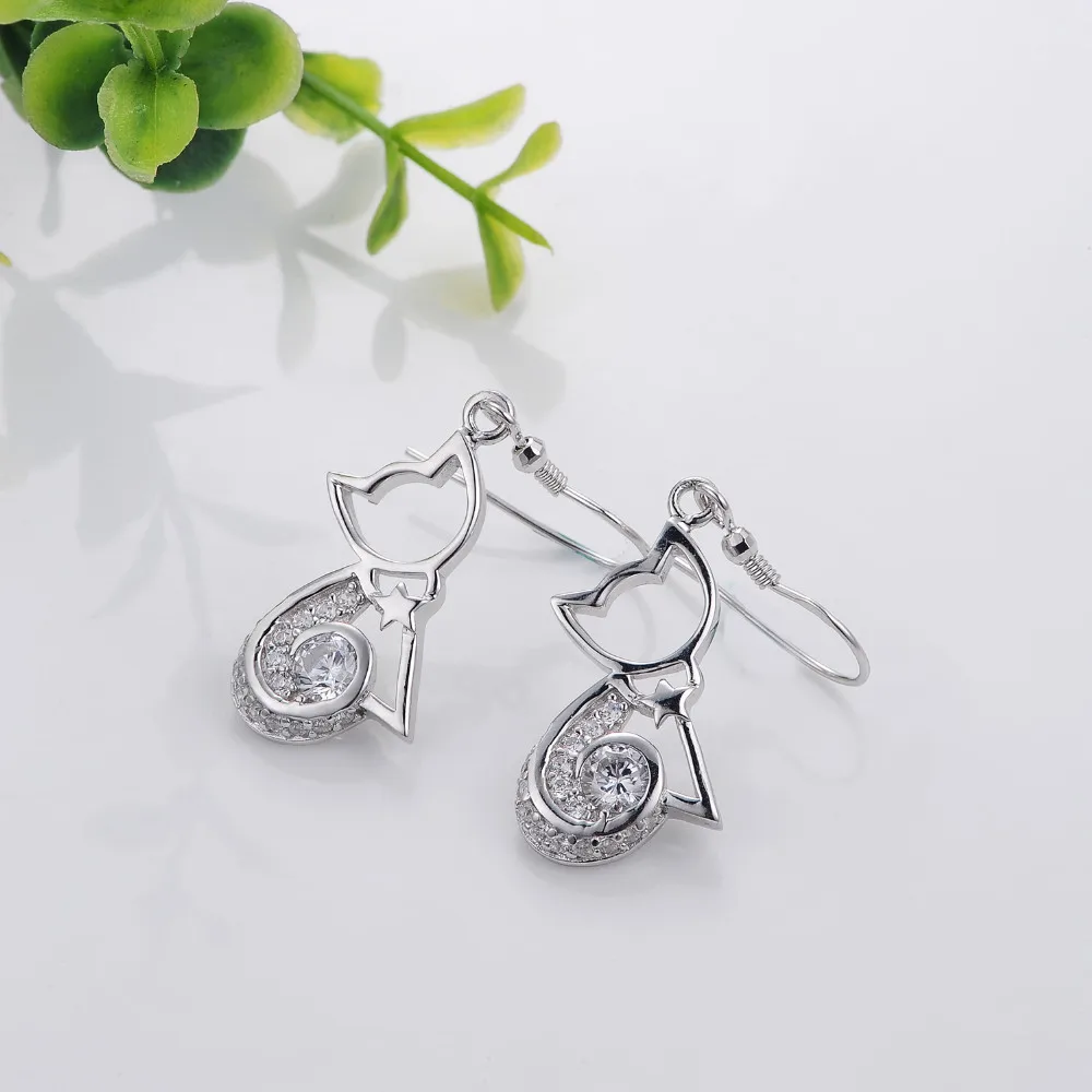 SDA Cute 925 Sterling Silver Dangle Earrings for Women, Cat Design Anniversary For Party Wedding