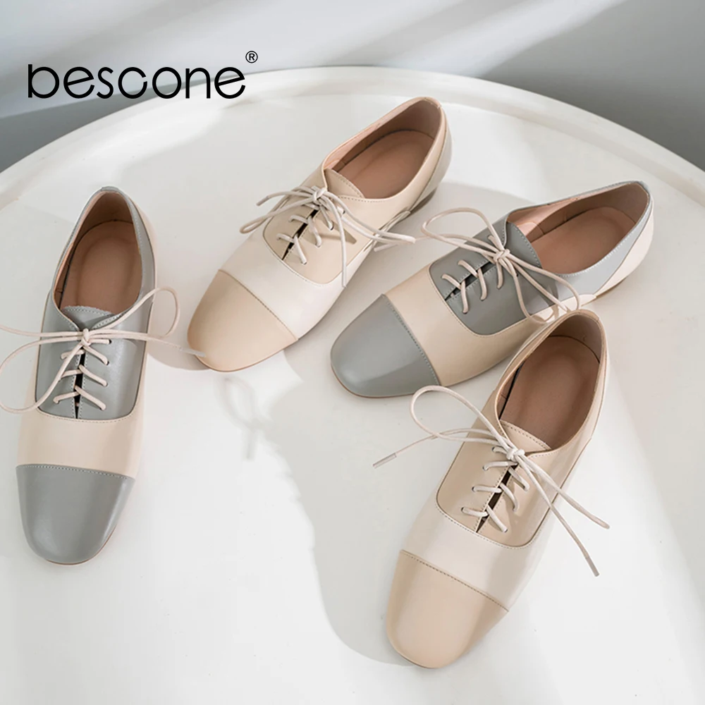 

BESCONE Square Toe Lace-Up Women's Flats Leisure Simple Comfortable Shoes Mixed Colors Shoes Genuine Lather Hot Sale Flats BO114