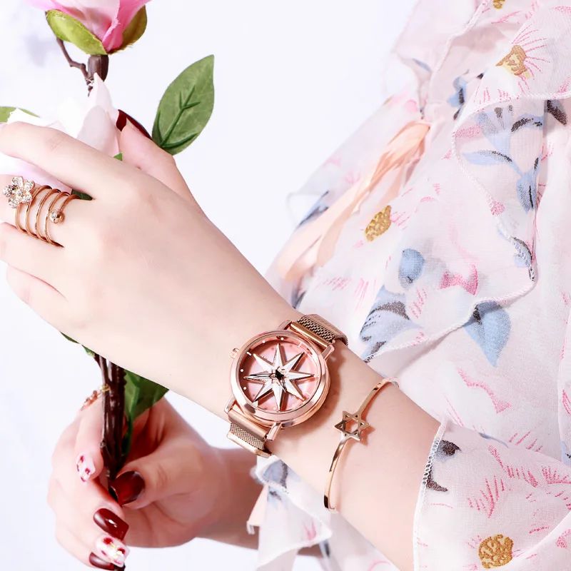 

360 Degree Rotation Women Watch Mesh Magnet Starry Sky Ladies Watch Luxury Fashion Geometric Quartz Watch Women Female Watches