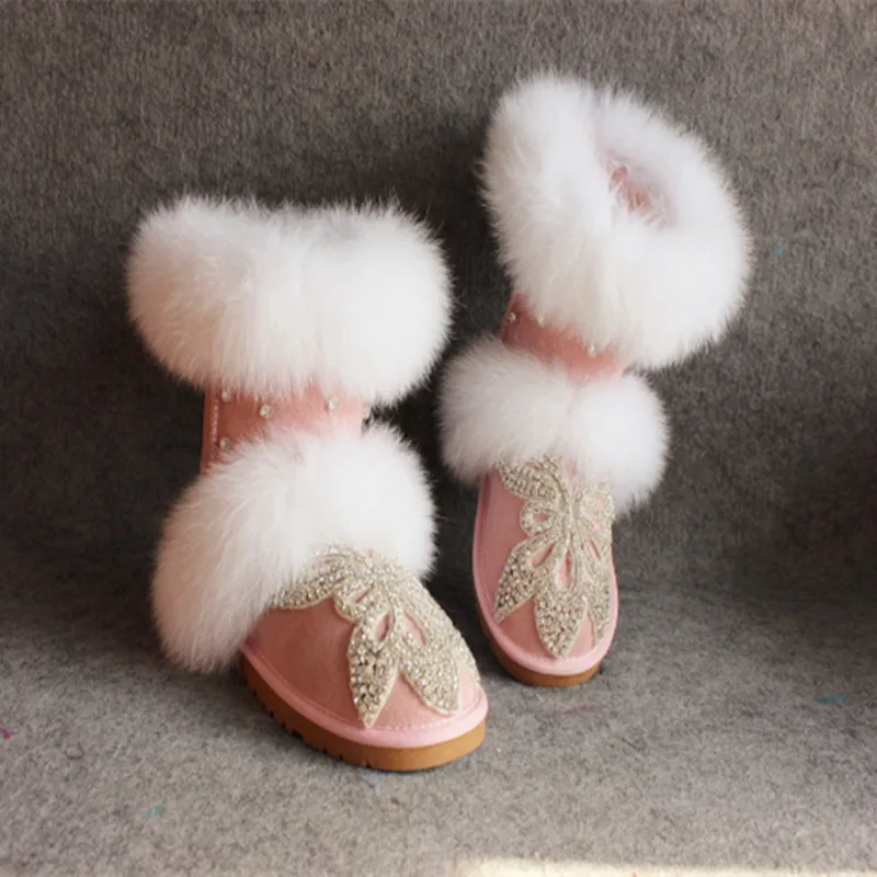 

High quality luxury magic rhinestone winter fur boots pink fox fur snow boots