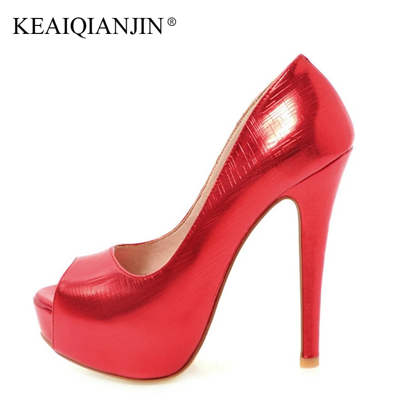 

KEAIQIANJIN Woman 16 CM High Shoes Plus Size 33 - 48 Patent Leather Red Wedding Pumps Spring Autumn Pink Golden Silver Pumps