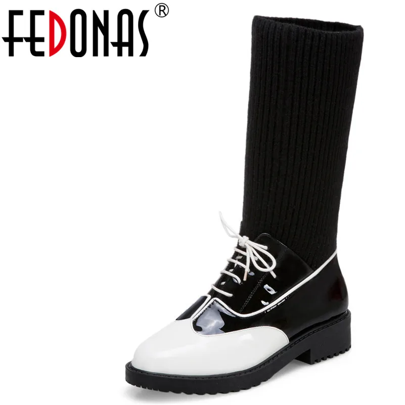 

FEDONAS1Fashion Women Mid-Calf Boots Patent Leather Autumn Winter Warm High Heels Shoes Pointed Toe Cross-tied Socks Boots Pumps