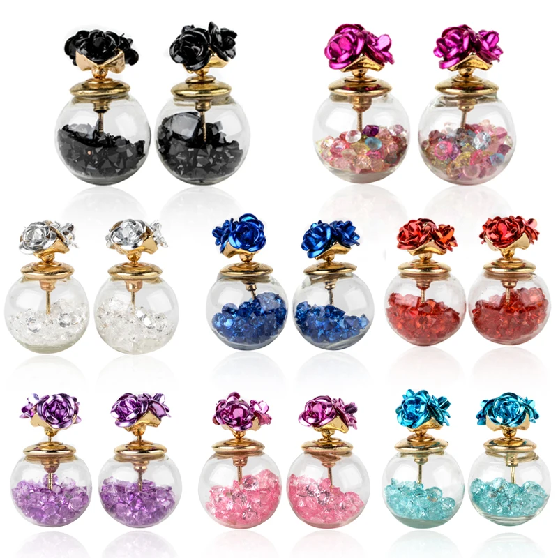 

1Pair Chic brincos Earring Shellhard Crystal Rose Flower Glass Ball Ear Stud Earrings Jewelry Double Sides boucle d'oreille