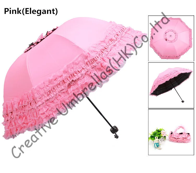 Арочные принцесса зонтики, 8 К ребра, три раза черный покрытие зонтики, ветрозащитный, границы шнуровка, карман зонтики, УФ-защиты - Цвет: elegant pink