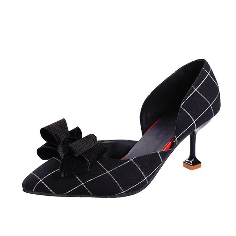 

La MaxPa 2018 Brand Designer red bottom thin High Heels 7.5cm Women Pumps Plaid sandals lovely bow ladies High Heel Shoes