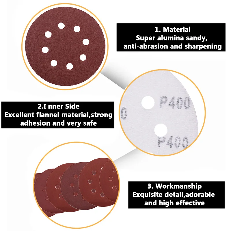 5 шт. 5 дюймов 125 мм круглая наждачная бумага восемь отверстий диск песок листы Зернистость 40-120 крюк и петля шлифовальный диск полировка