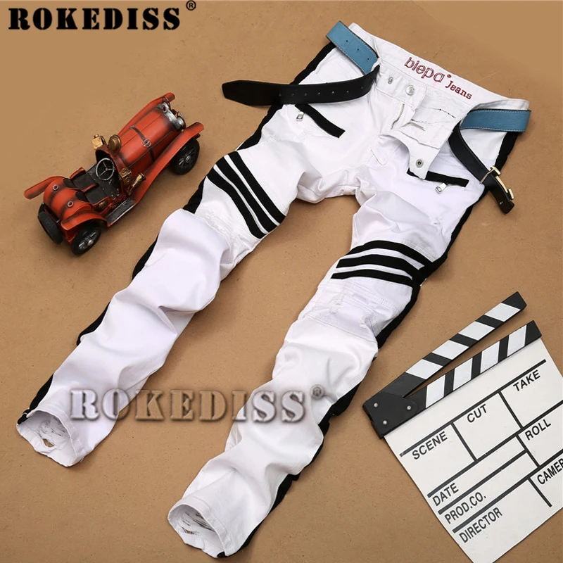 

High Quality Patchowrk Jeans Men 2016 Designer Skinny White Pants Elastic Denim Overall Slim Fit Casual Mens Clothing C108