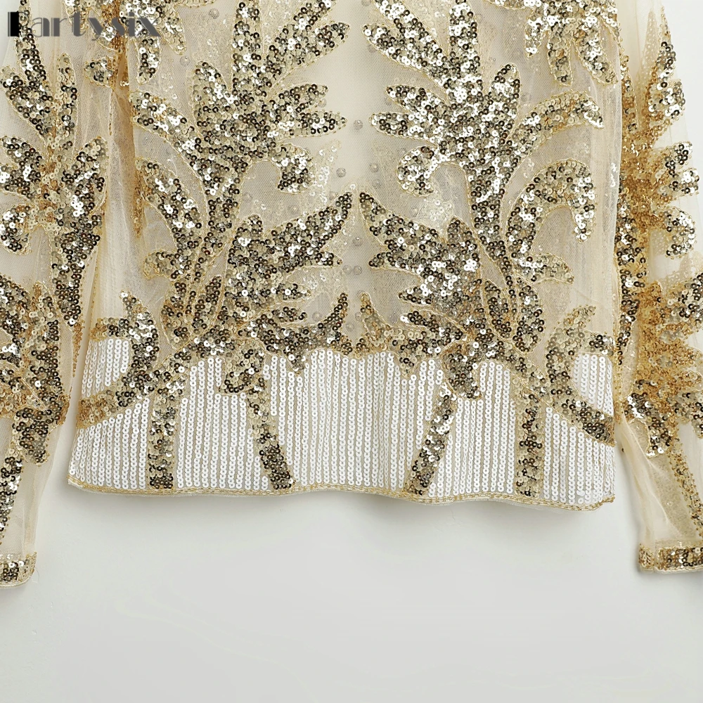  Partsix Sexy Sequined embroidery Gold Flower Shirt shiny Transparent gauze Heavy Beading Blouses