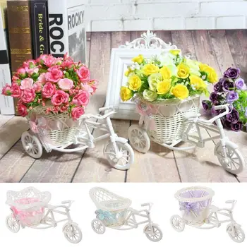 White Tricycle Bike Design Flower Basket Storage Container Party Weddding Desktop Decoration Artificial Craft