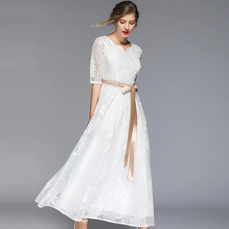 

2019 Summer Slim Fashion Elegant White Lace Dress Women Floral Casual Bridesmaid Party Long Dresses Vestidos robe femme ete