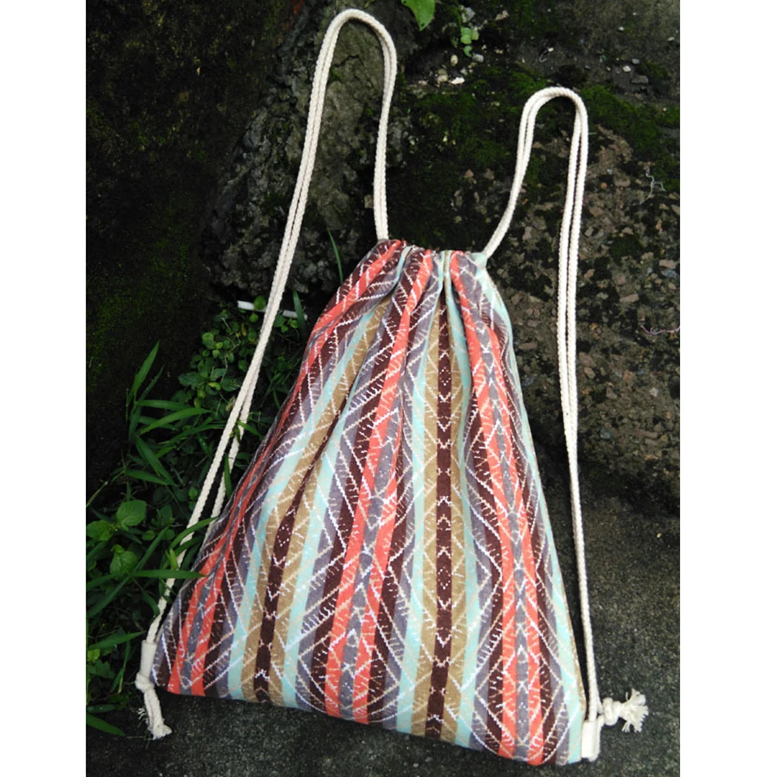 

3 Color Bag Female National Wind Drawstring Bag Canvas Storage Shoulders Bag Leisure Travel Rucksack For Women Teenager Drop