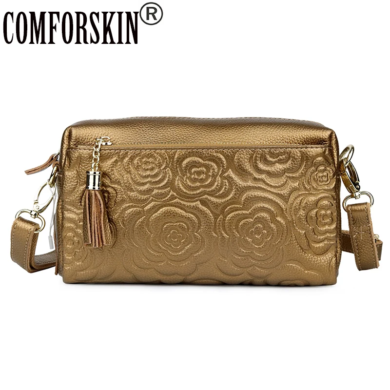 

COMFORSKIN Luxurious Cowhide Leather Ladies Messenger Bags European And American Embossing Flower Women Cross-body Bag Hot Sales
