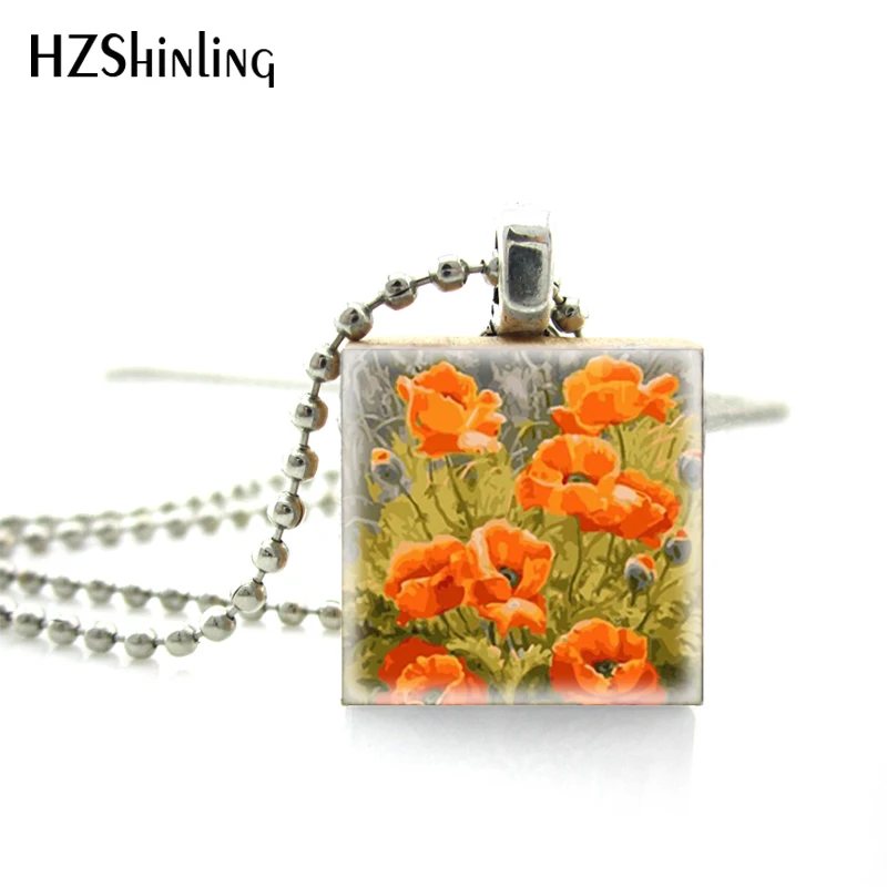 

2018 New Fashion Scrabble Art Pendant Necklace Poppy Flowers Paintings Art Pictures Handmade Jewelry Scrabble Wooden Game Tile