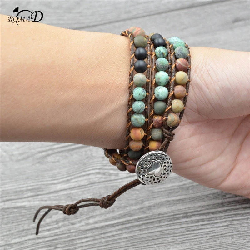 

Bohemian Bracelet Natural Stone bead Multi-layer Leather Rope Wrap Bracelet Women Beaded Couples Bracelet A40