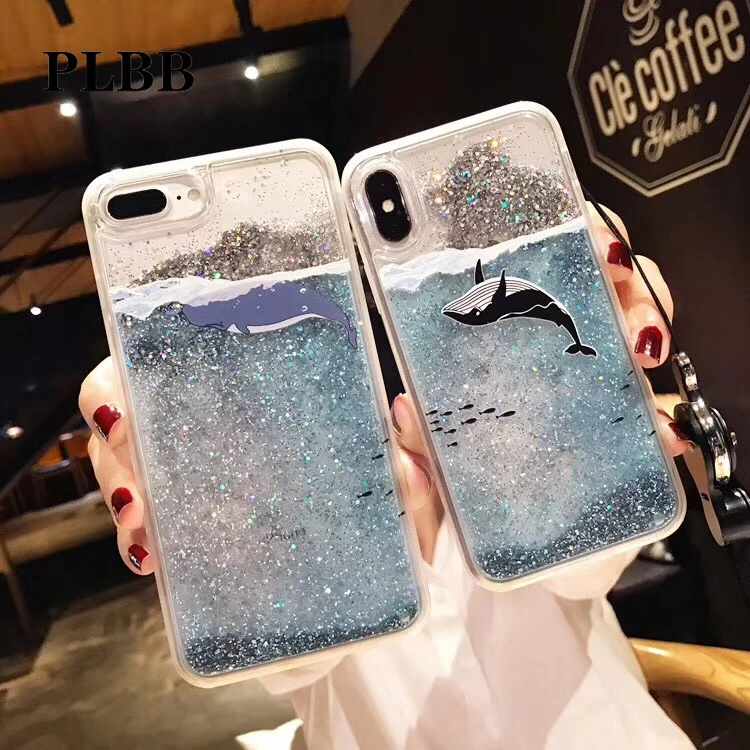 

PLBB Fashion Blue Sea Liquid Quicksand Case for Xiaomi 8 5X 6X Redmi 5 Plus Note 5 4X Mix 2s Bling Cute Dolphin Soft Phone Cover