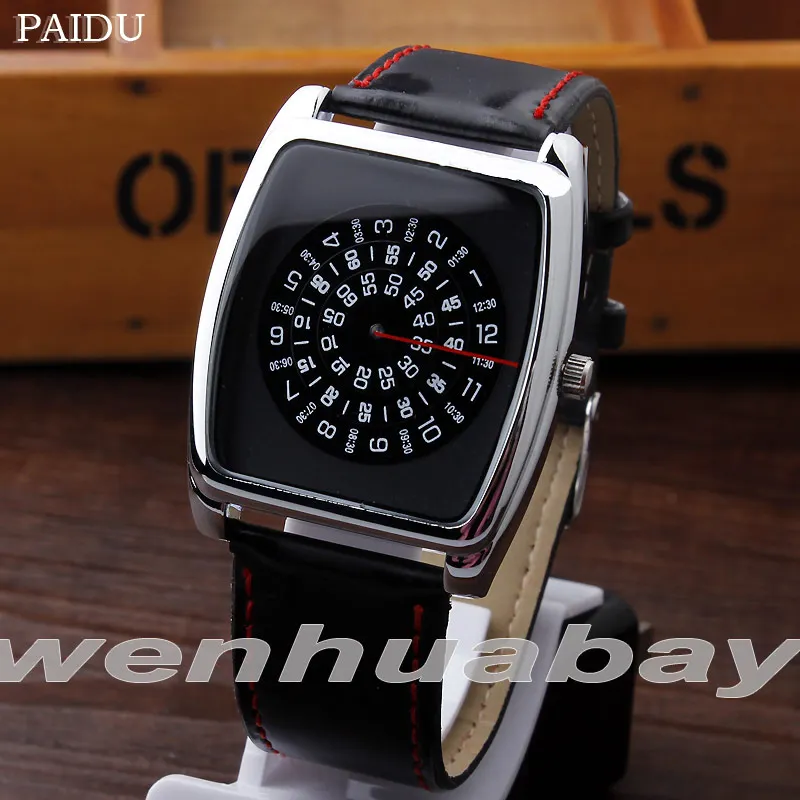 

Paidu Black Quartz Black Leather Band Wrist Watch Mens Boy Rectangle Turntable Dial Digital Gift Wristwatches