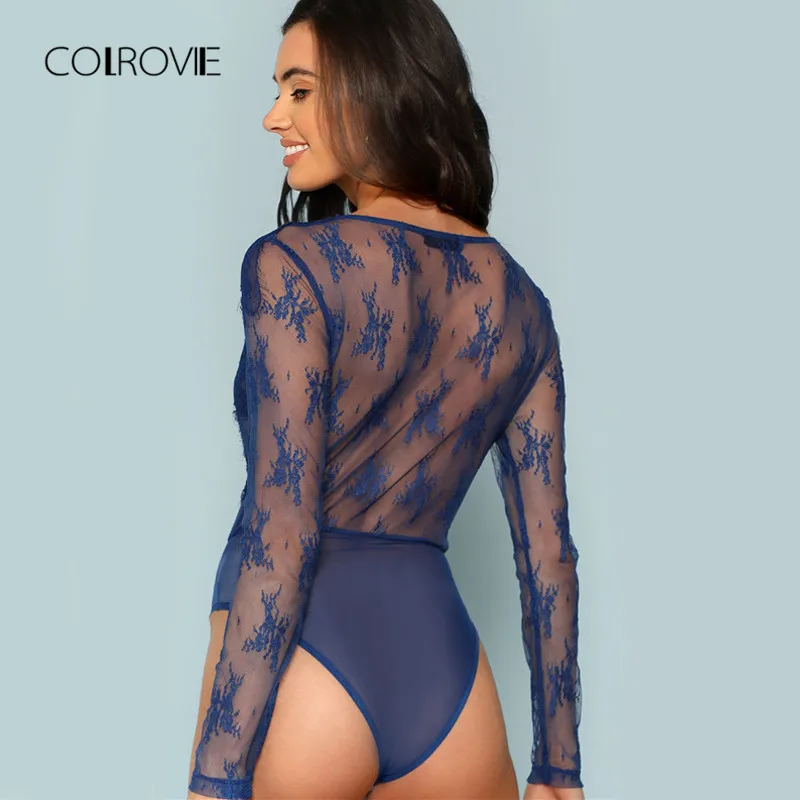 COLROVIE Blue Sexy V Neck Floral Embroidery Sheer Lace Skinny Bodysuit 2018 Autumn Plunge Neck Night Out Mesh Women Bodysuits COLROVIE Blue Sexy V Neck Floral Embroidery Sheer Lace Skinny Bodysuit 2018 Autumn Plunge Neck Night Out Mesh Women Bodysuits