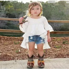 2016 one piece set !Fancy Baby Girls White Dress Frills Flare Sleeve Tops Shirt Ruffles Hem Dresses