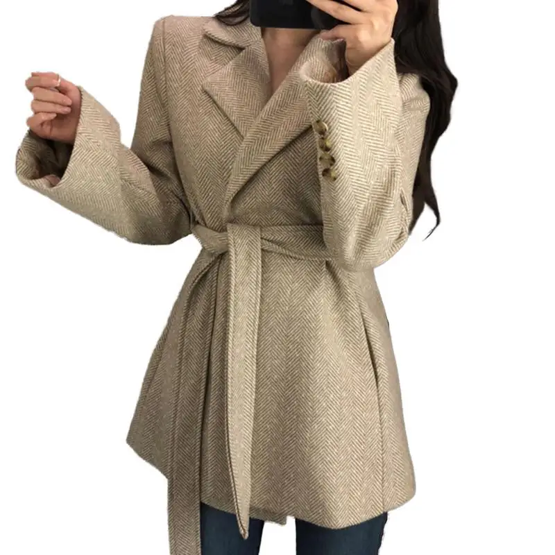Новинка, женское модное весенне-осеннее винтажное элегантное шерстяное пальто, женское приталенное шерстяное пальто с узором в елочку с поясом V756 - Цвет: apricot