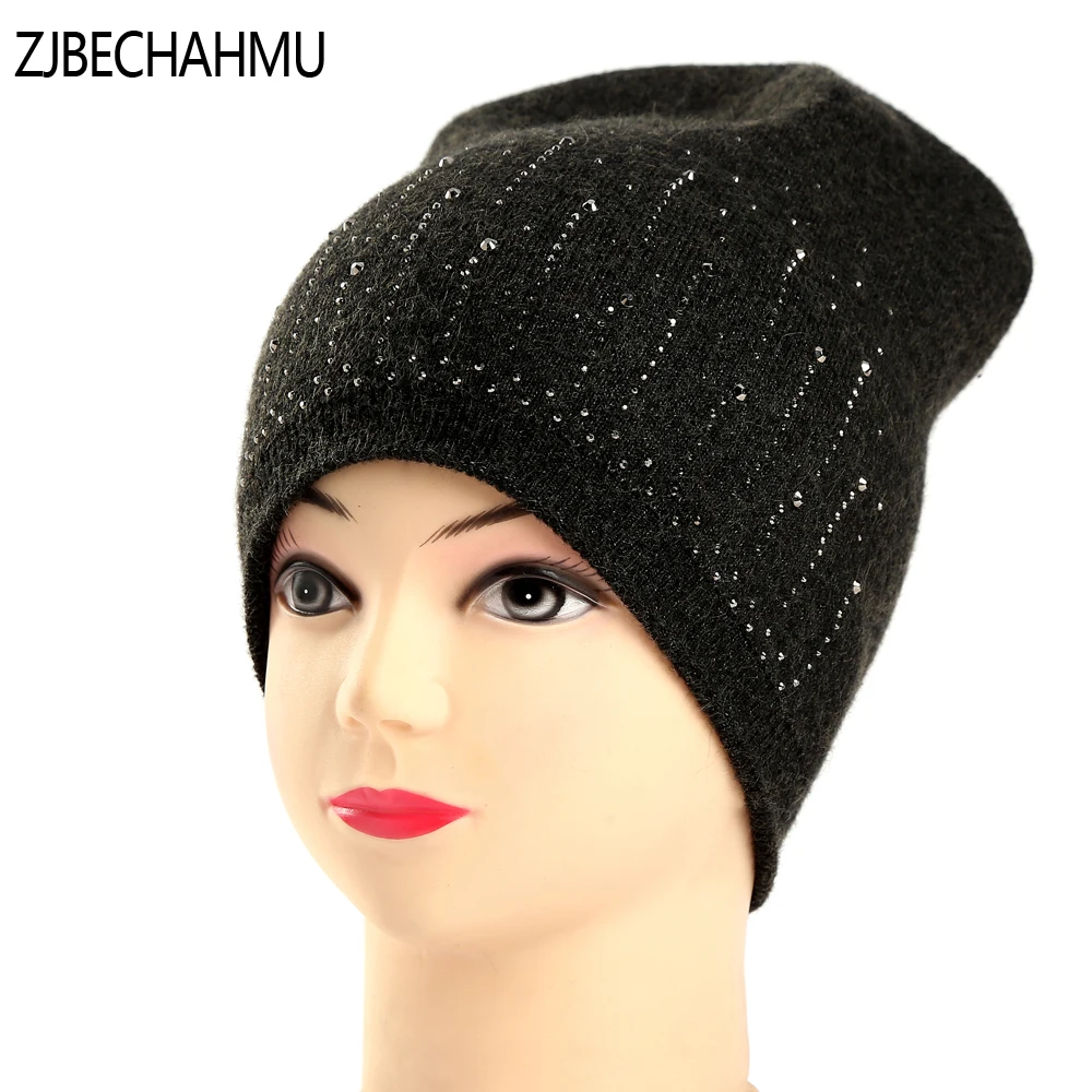 

Fashion Women's Winter Hats Knitted Real Wool Beanie Casual Hat with Crystal Bow Solid Colors Ski Gorros Cap Casquette for Women