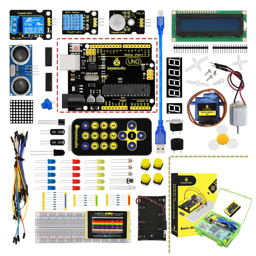 Новинка! Обновленная версия Keyestudio базовый стартовый комплект V2.0(плата UNOR3) с подарочной коробкой для Arduino Kit+ PDF(онлайн