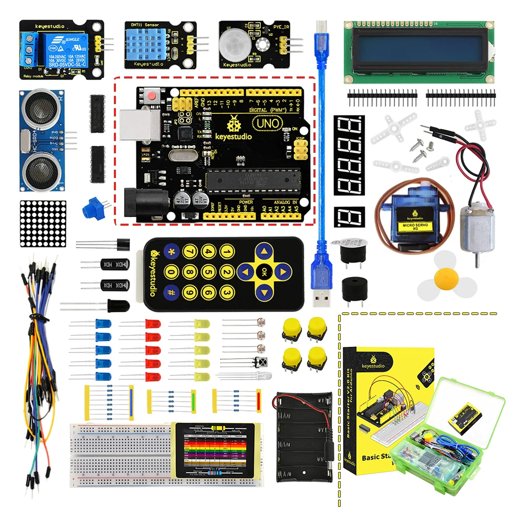 Baratos 2019 ¡Nuevo! Versión actualizada keyesstudio Basic Starter Kit V2.0 (UNOR3 Board) con caja de regalo para Arduino Kit + PDF (en línea)